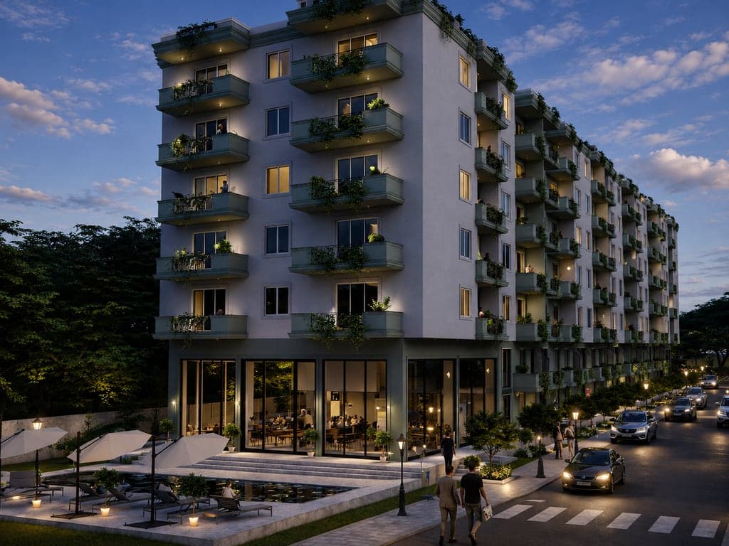 Erdiar Residence — five-storey street-level facade at dusk, glass-fronted ground floor and planted balconies, Qerret.